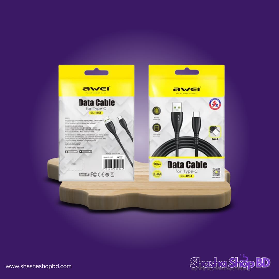 ⚡ Awei Data Cable for Type-C (CL-115T) (2.4A Fast Charging, Overcharge Protection & Battery Safety – আপনার টাইপ-সি ডিভাইসের জন্য নিখুঁত চার্জিং সঙ্গী!)