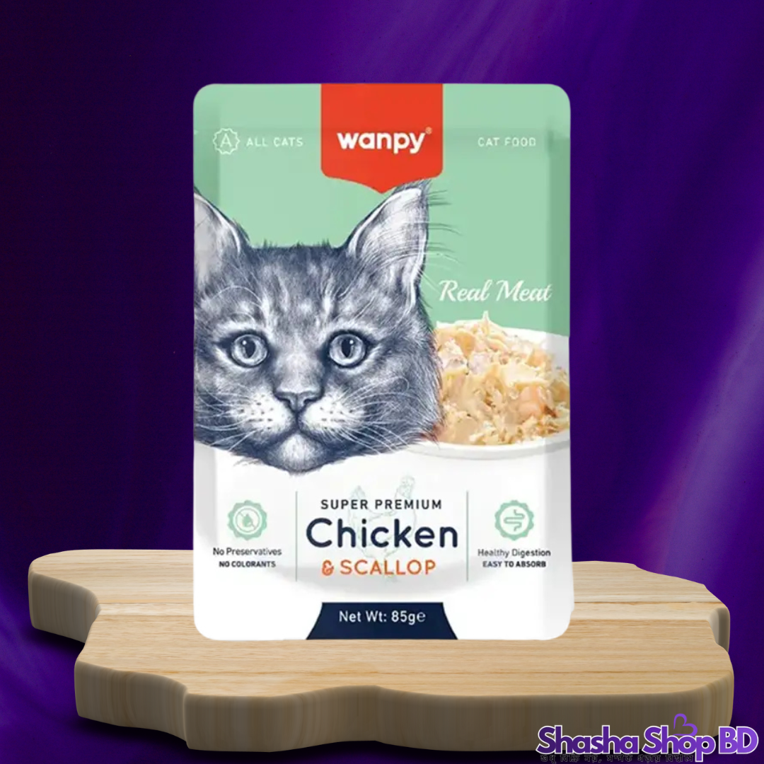 🐱 Wanpy Adult Cat Pouch Real Meat Chicken & Scallop, 85g – আসল মাংস ও সিফুডের সেরা স্বাদ!