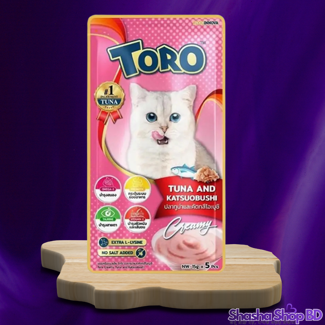 নিচে আপনার শপ "Shasha Shop BD"-এর জন্য Toro Tuna and Katsuobushi Cat Treats-এর একটি প্রিমিয়াম এবং আকর্ষণীয় ডেসক্রিপশন দেওয়া হলো:  🐾 Toro Tuna and Katsuobushi Cat Treats – 5x15g (75g) আসল টুনা আর কাতসুয়োবুশির রাজকীয় স্বাদ—আপনার বিড়ালের প্রিয় ডিশ!