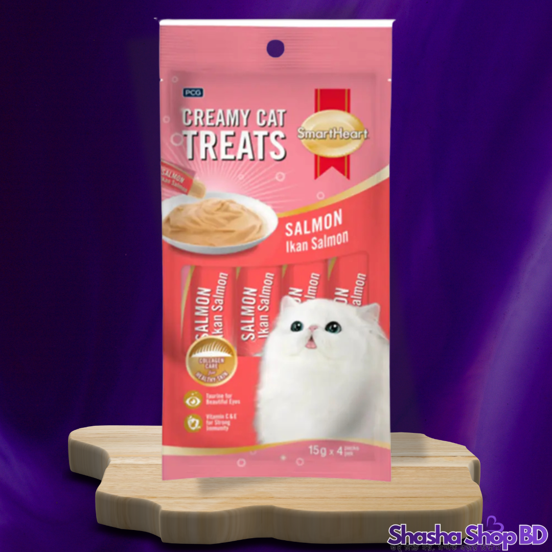 🐾 SmartHeart Creamy Cat Treats Salmon – 60g (15g × 4 Sticks) আপনার বিড়ালের জন্য স্বাস্থ্যকর ত্বক ও উজ্জ্বল লোমের রাজকীয় ট্রিট!