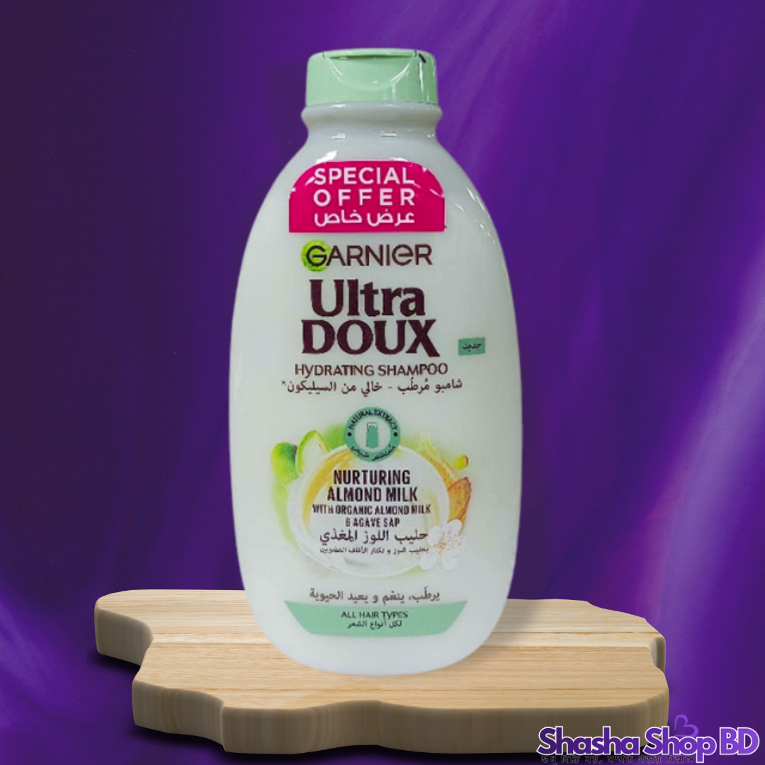 Garnier Ultra Doux Nurturing Almond Milk Hydrating Shampoo – 400ml (98% Natural Origin – আর্দ্রতাহীন চুলের জন্য অর্গানিক আলমন্ড মিল্কের পুষ্টি ও কোমলতা!)