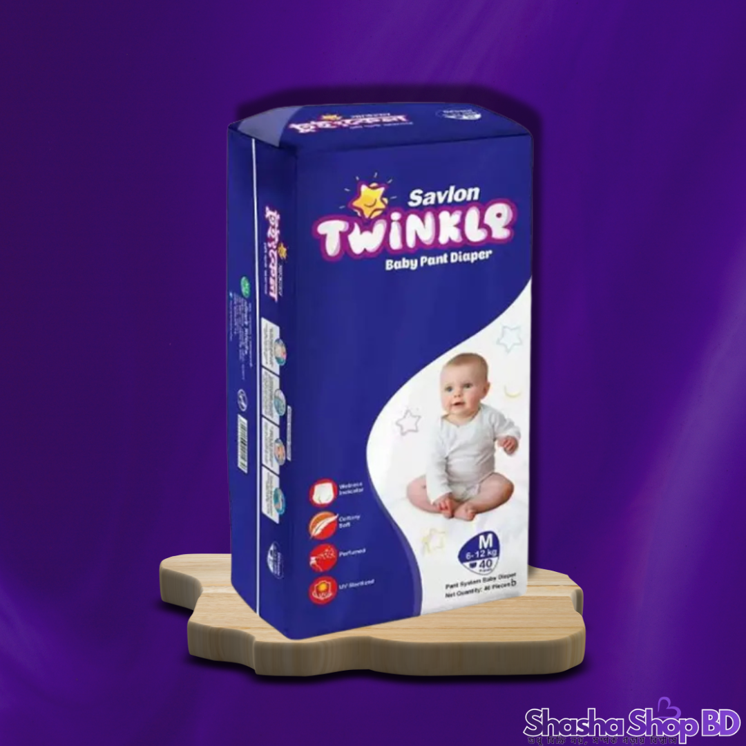 Savlon Twinkle Baby Pant Diaper (M) – 40 Pcs (Cottony Soft, UV Sterilized & Wetness Indicator – আপনার সোনামণির সুস্থতা ও আরামের নিখুঁত সমাধান!)