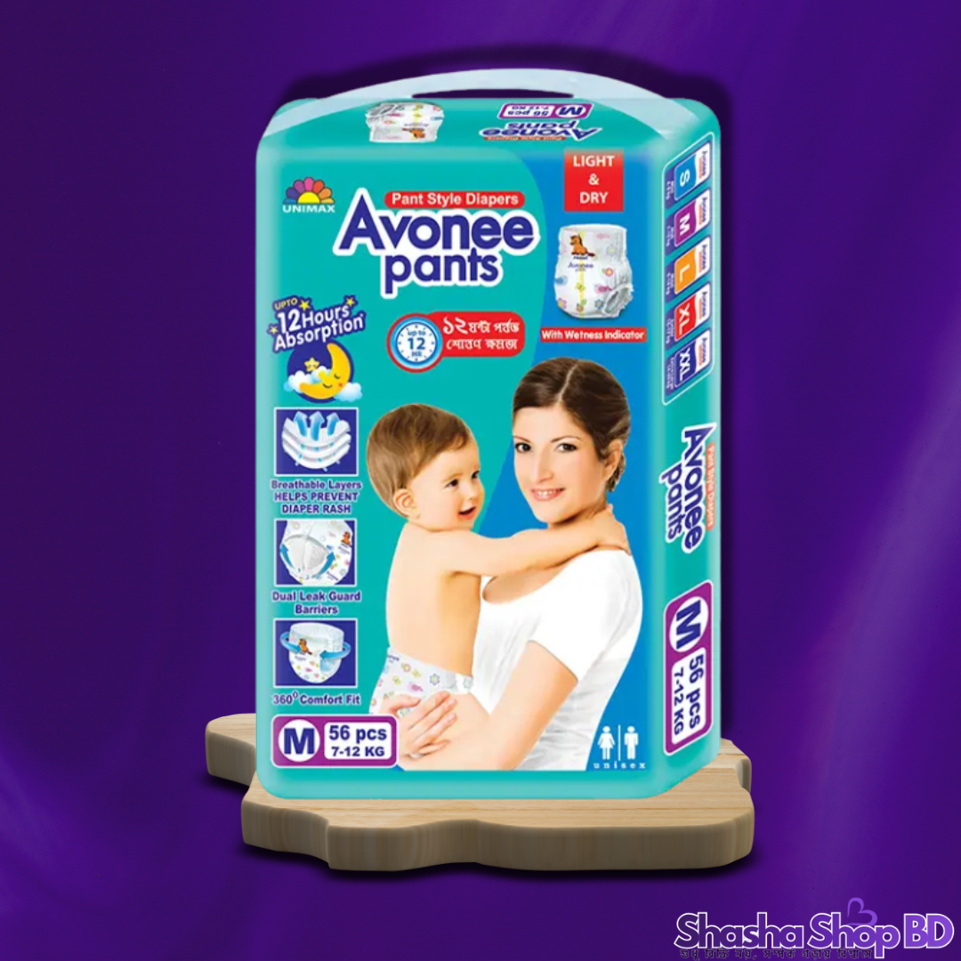 Avonee Pant Style Baby Diaper (M) – 56 Pcs (Light & Dry, 12 Hours Absorption – আপনার সোনামণির দিনভর সতেজতা আর নিশ্চিন্ত ঘুমের প্রতিশ্রুতি!)