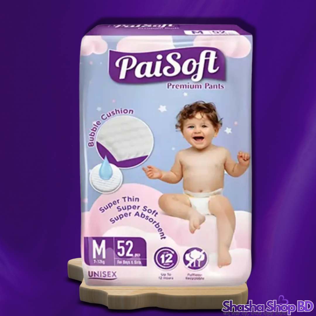 PaiSoft Premium Pants Baby Diaper (M) – 52 Pcs (Bubble Cushion Technology, Ultra Soft & Super Absorbent – আপনার সোনামণির প্রিমিয়াম আরামের নিশ্চয়তা!)
