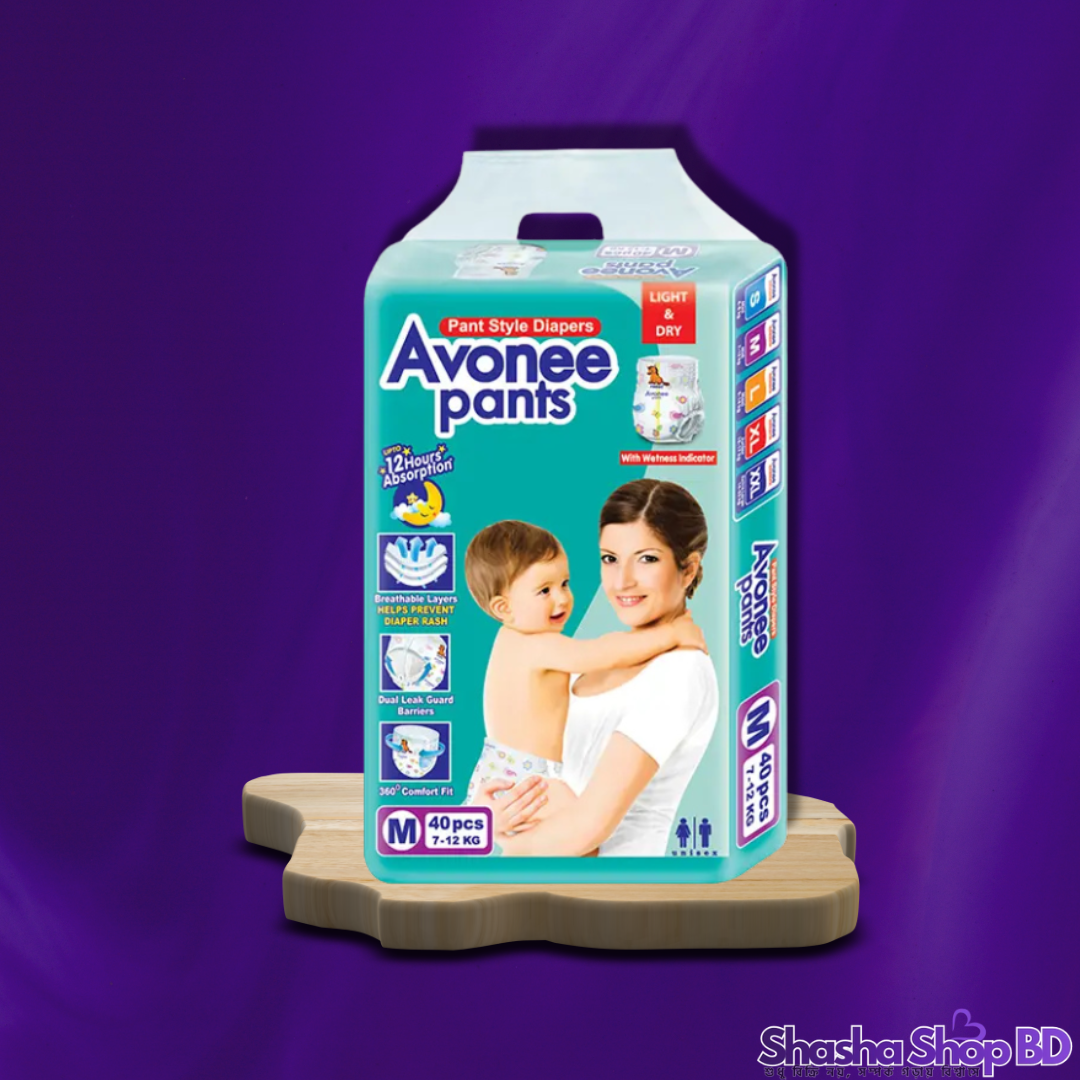 Avonee Pant Style Baby Diaper (M) – 40 Pcs (Light & Dry, 12 Hours Absorption – আপনার সোনামণির দিনভর সতেজতা আর নিশ্চিন্ত ঘুমের প্রতিশ্রুতি!)
