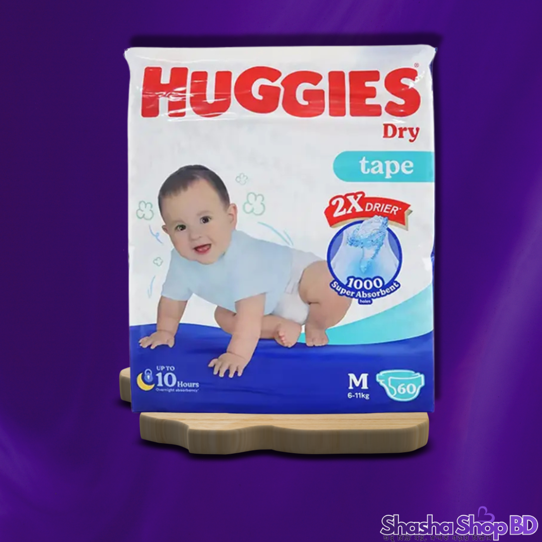Huggies Dry Tape Baby Diaper (M) – 60 Pcs (2X Drier with 1000 Super Absorbent Holes – আপনার সোনামণির ১০ ঘণ্টা পর্যন্ত নিশ্চিন্ত শুষ্কতা ও আরাম!)