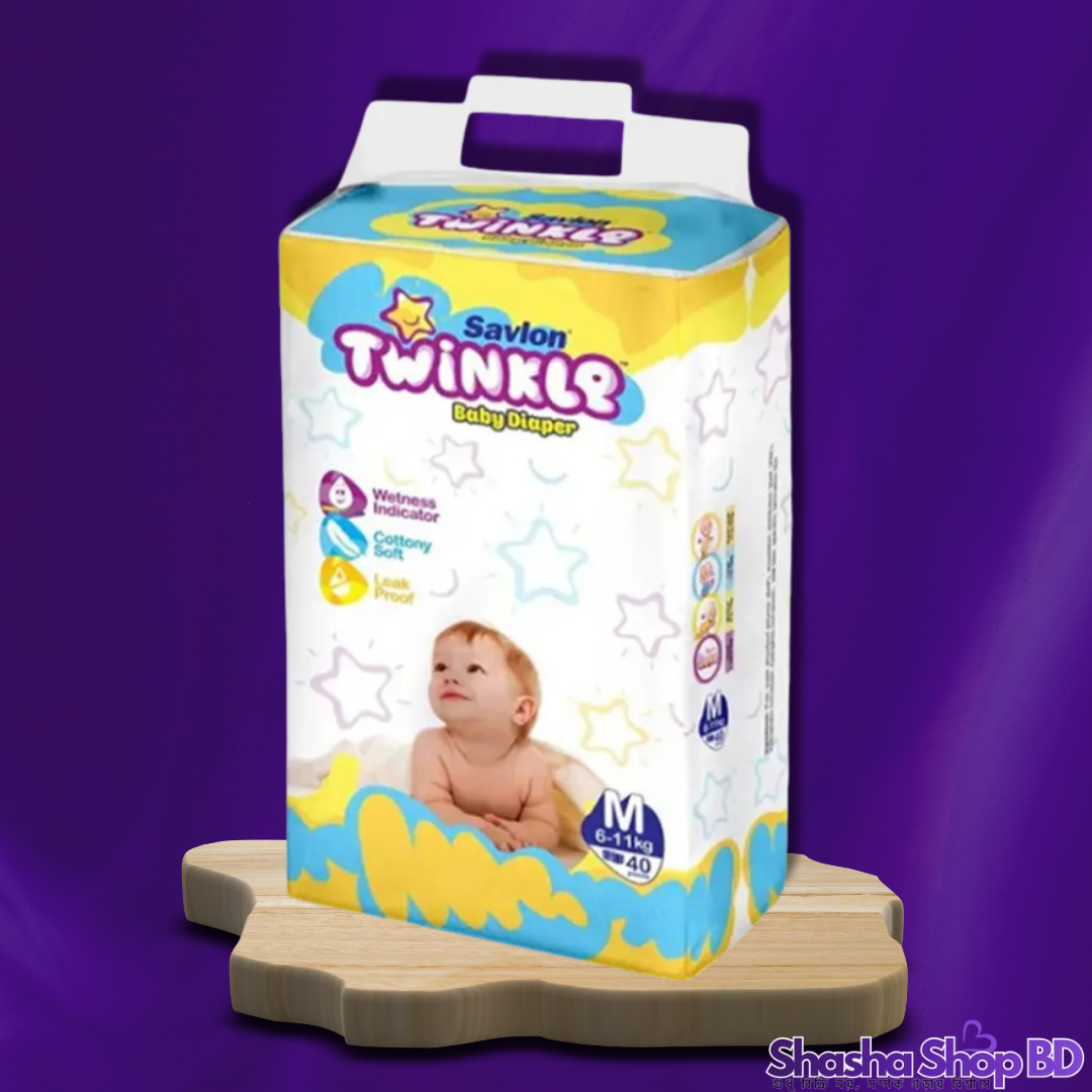 Savlon Twinkle Baby Belt Diaper (M) – 40 Pcs (UV Sterilized, Cottony Soft & High Absorption – আপনার সোনামণির সুস্থতা ও আরামের নিখুঁত সমাধান!)