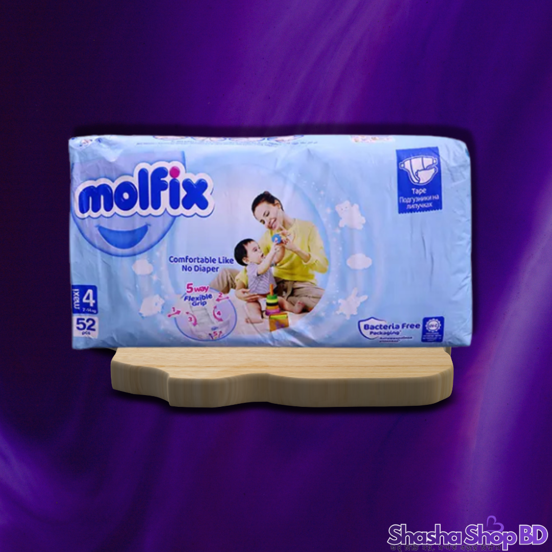 Molfix Tape Maxi Baby Diaper (Size 4) – 52 Pcs (Comfortable Like No Diaper, 5-Way Flexible Grip & Bacteria Free – আপনার সোনামণির জন্য তুর্কি প্রযুক্তির প্রিমিয়াম সুরক্ষা!)