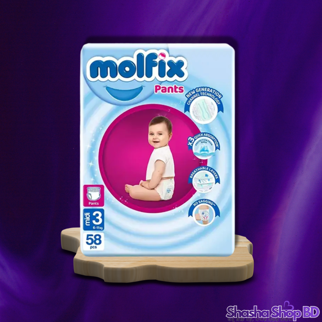Molfix Pants Midi Baby Diaper (Size 3) – 58 Pcs (New Generation Channel Technology, 3x Faster Absorption & No Sagging – আপনার সোনামণির জন্য তুর্কি প্রযুক্তির সেরা সুরক্ষা!)