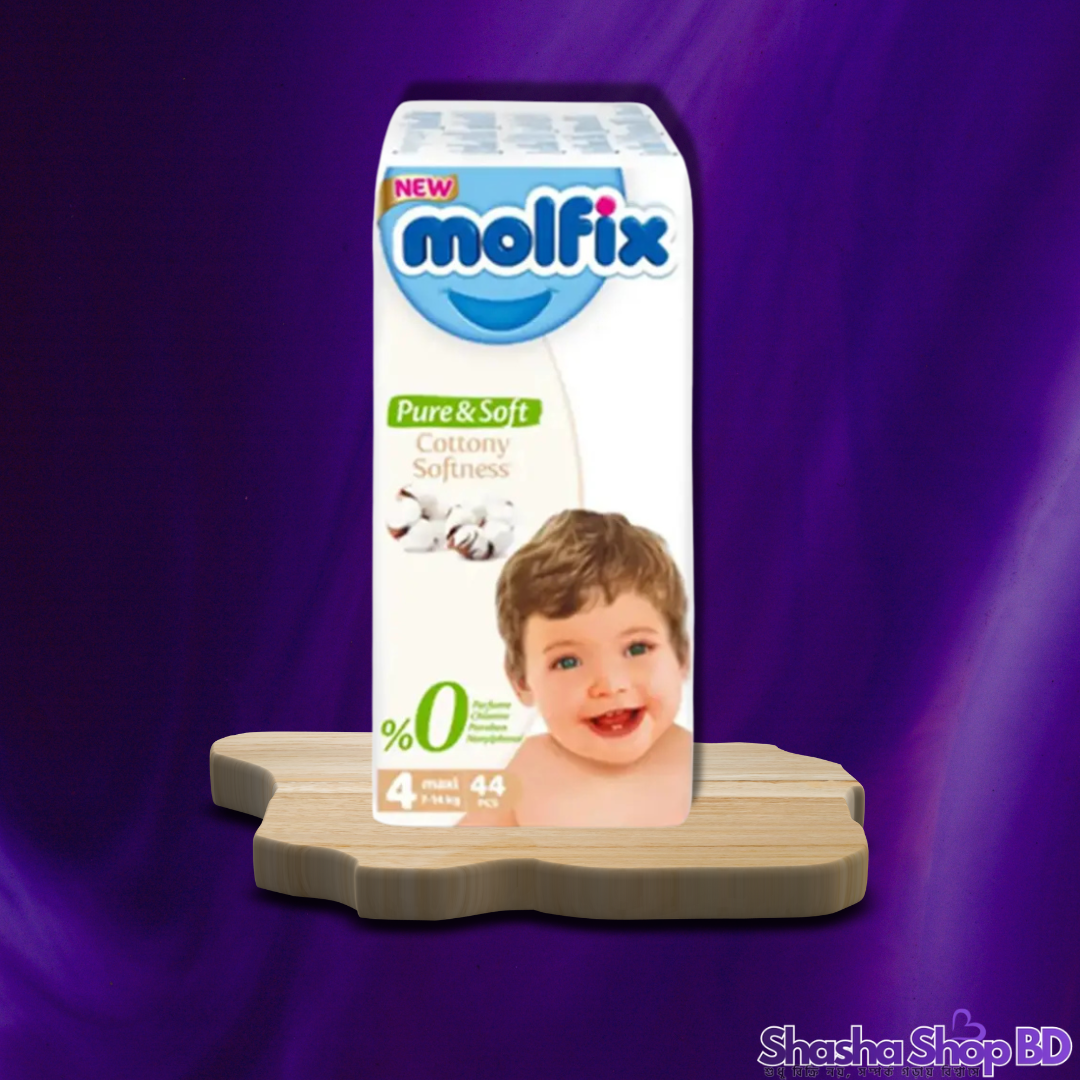 Molfix Pure & Soft Tape Baby Diaper (Size 4 Maxi - 44 Pcs) (Pure Protection for Sensitive Skin – সোনামণির কোমল ত্বকের জন্য প্রকৃতির ছোঁয়া!)