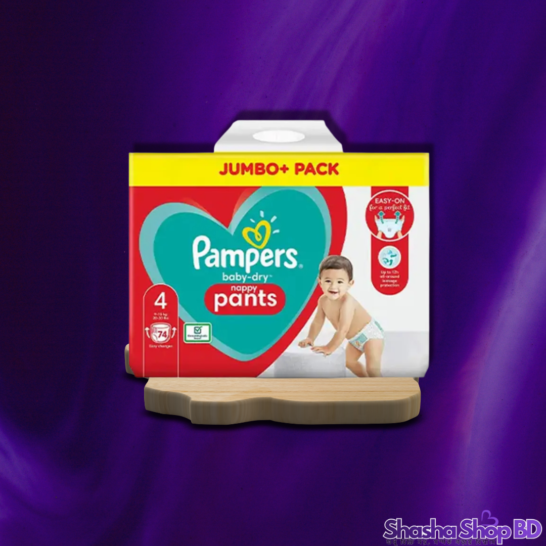 Pampers 4 Pants Baby-Dry Nappy Jumbo+ Pack (74 Pcs) (World's No. 1 Choice – ১২ ঘণ্টা পর্যন্ত অল-রাউন্ড লিক প্রোটেকশন আর অতুলনীয় আরাম!)