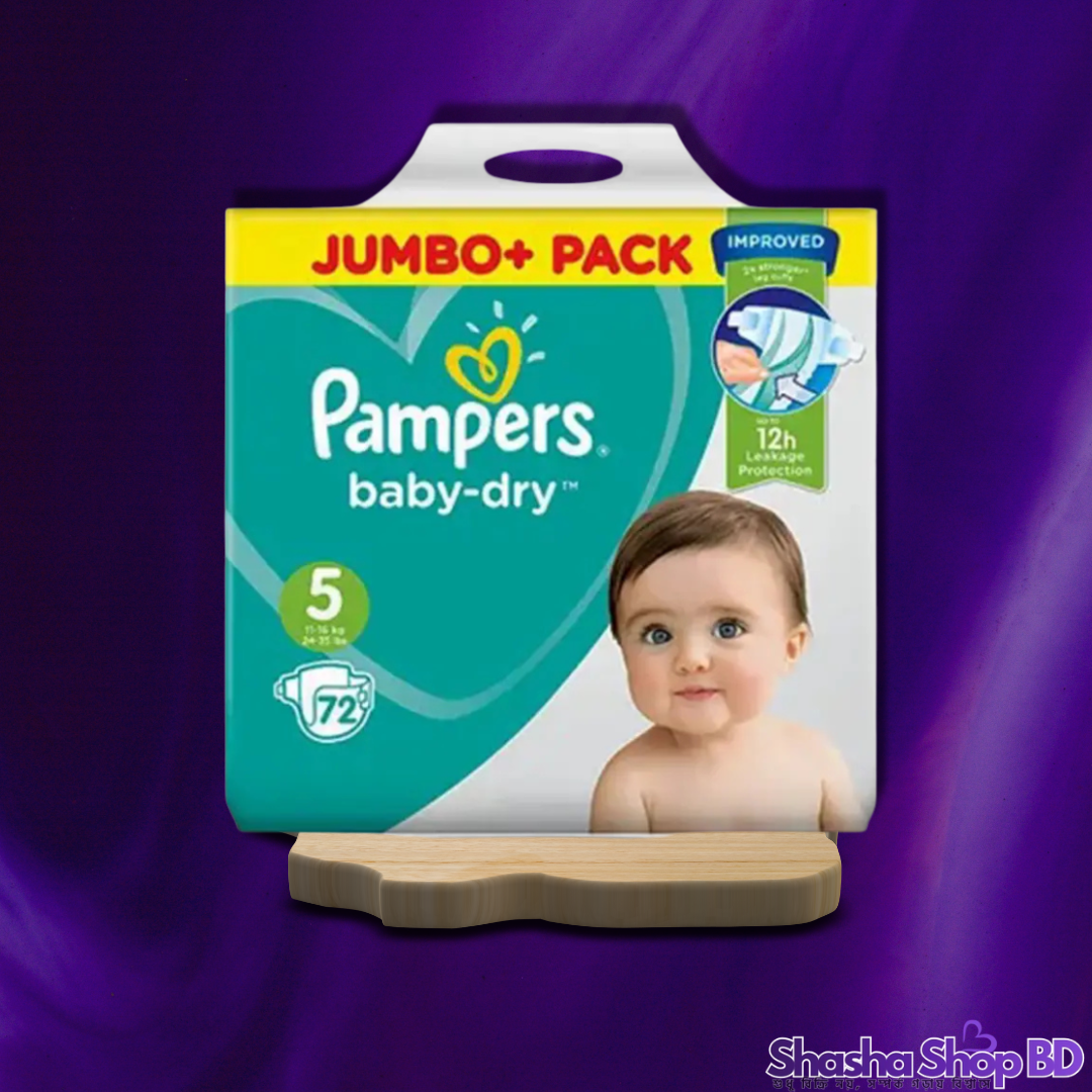 Pampers 5 Belt Dry Type Baby Diaper Jumbo Pack (72 Pcs) (World’s No. 1 Diaper Brand – ১২ ঘণ্টা পর্যন্ত লিক প্রোটেকশন আর সোনামণির জন্য রাজকীয় আরাম!)