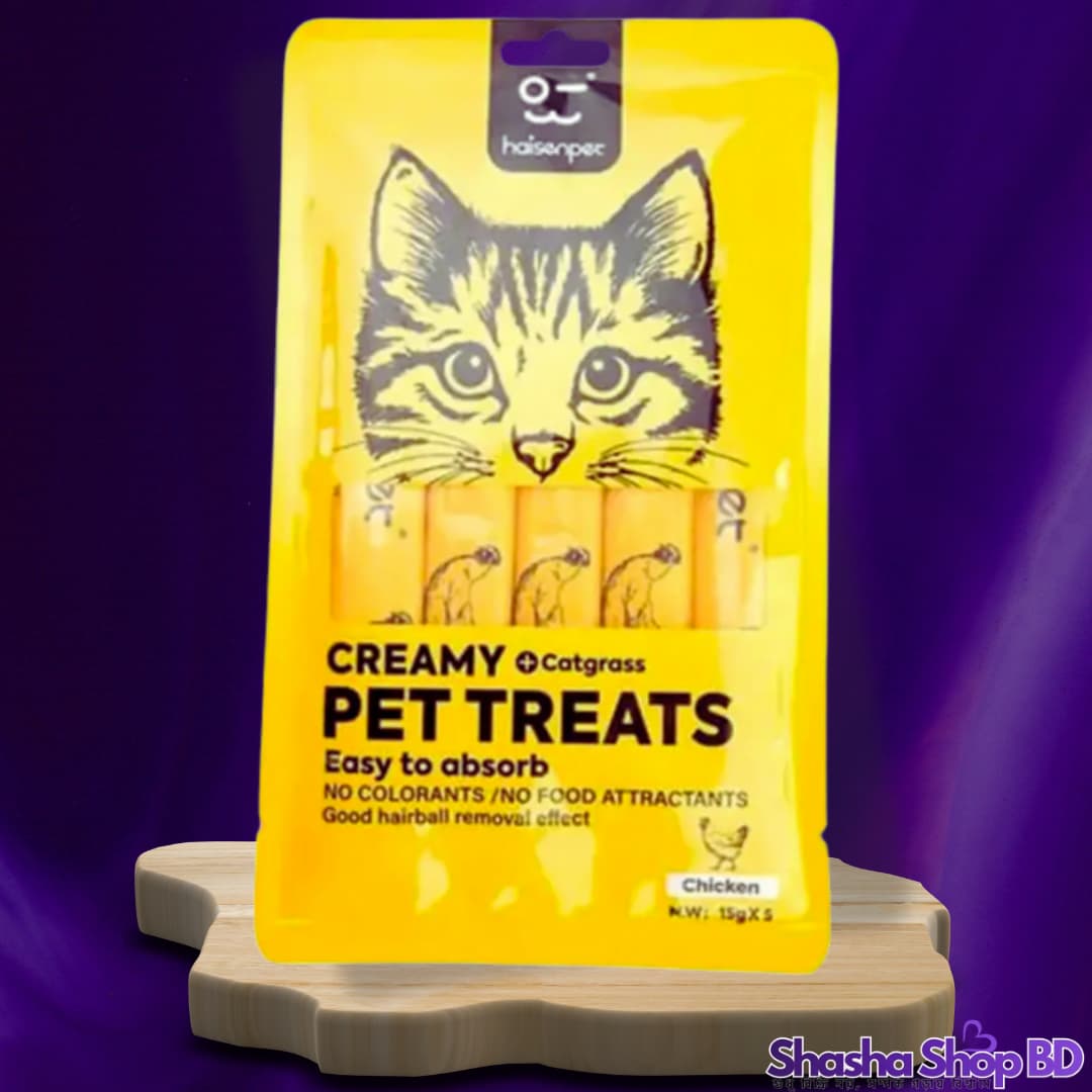 🐾 Haisenpet Creamy + Catgrass Pet Treats (Chicken) – 75g (5 Sticks Pack) (Healthy, Tasty & Hairball Solution | Shasha Shop BD