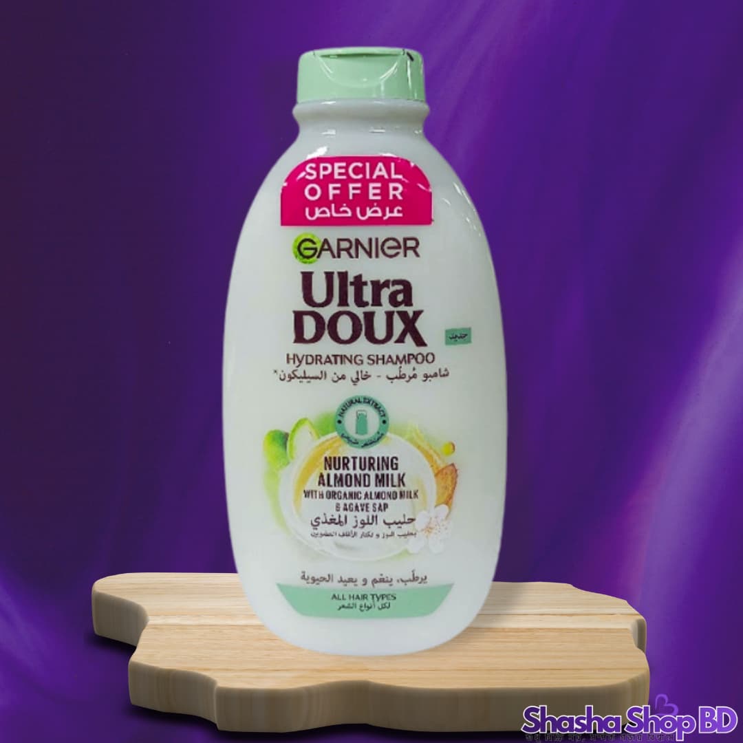 Garnier Ultra Doux Nurturing Almond Milk Hydrating Shampoo – 400ml (98% Natural Origin – আর্দ্রতাহীন চুলের জন্য অর্গানিক আলমন্ড মিল্কের পুষ্টি ও কোমলতা!)
