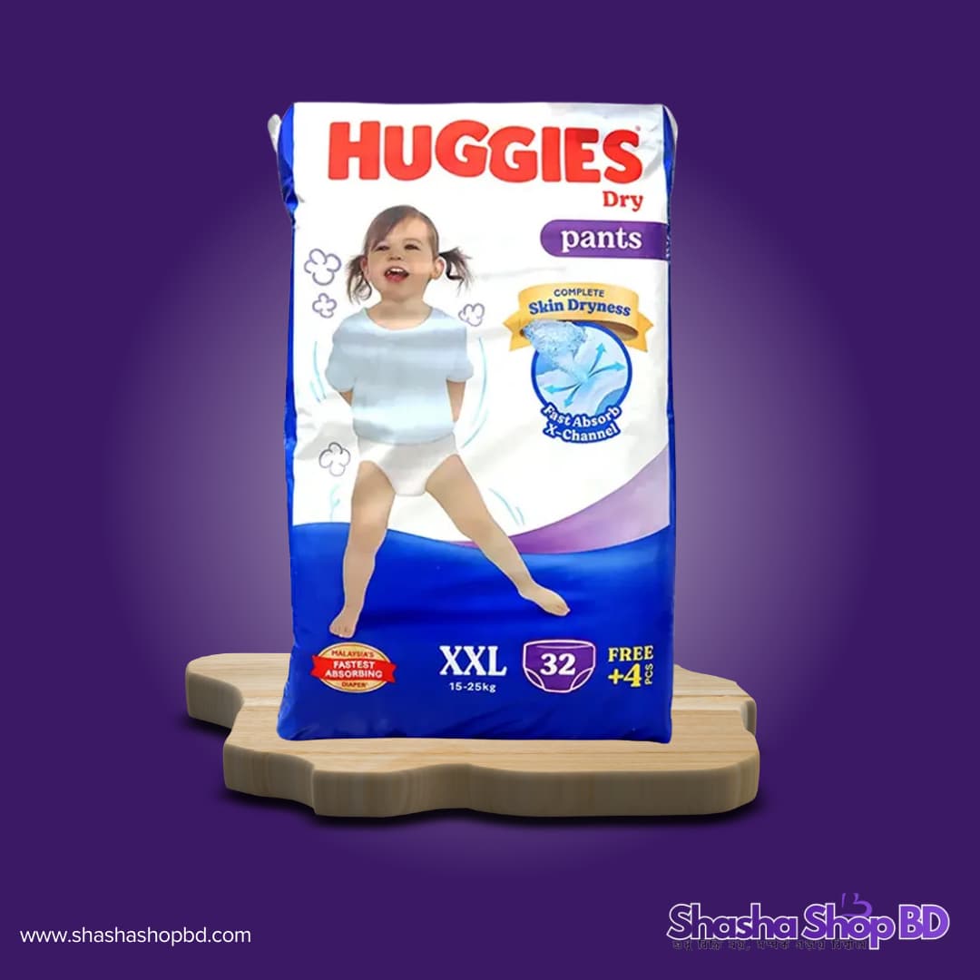 👶 Huggies Dry Pants Baby Diaper - XXL (32+4 / 28+6) Pcs (Weight Range: 15-25kg, Fast Absorb X-Channel & Complete Skin Dryness – আপনার সোনামণির জন্য মালয়েশিয়ার এক নম্বর ডাইপার সুরক্ষা!)
