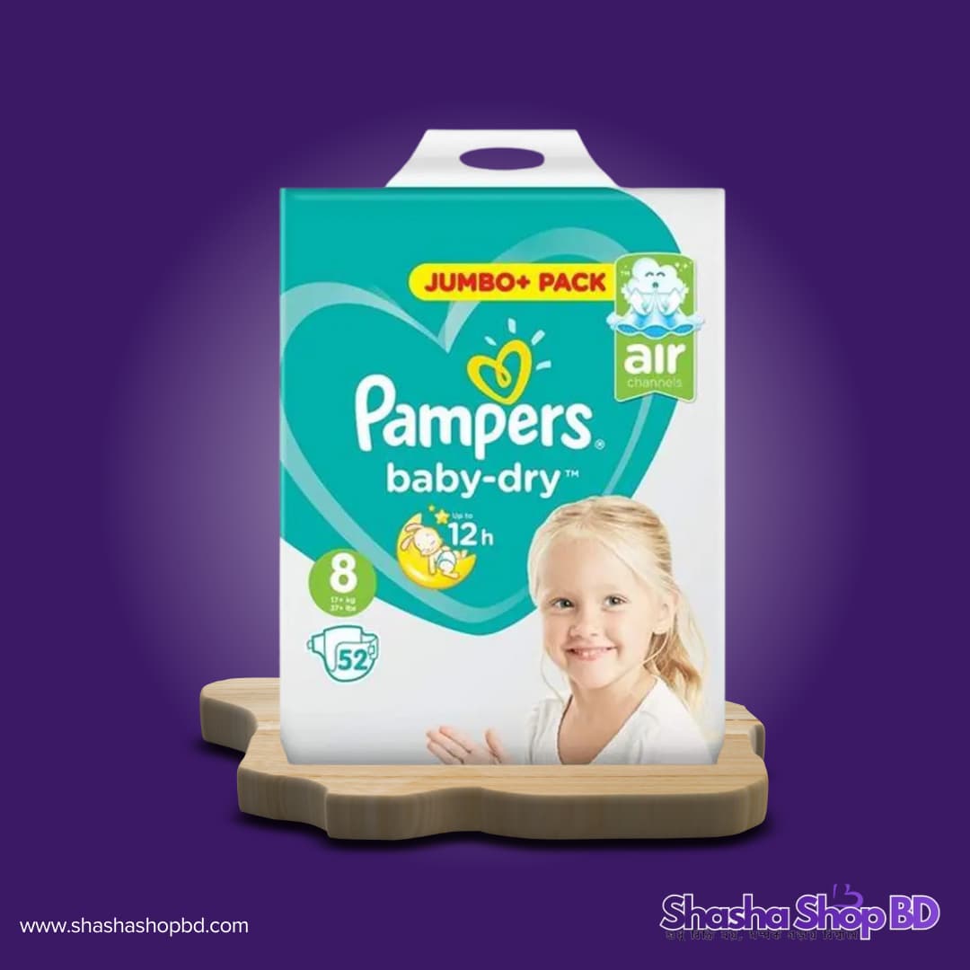 👶 Pampers 8 Belt Baby-Dry Diaper Jumbo+ Pack - 52 Pcs (Weight Range: 17+ kg, Air Channels for Breathable Dryness & Up to 12h Protection – বড় সোনামণিদের জন্য সারারাত নিশ্চিন্ত এবং আরামদায়ক সুরক্ষা!)