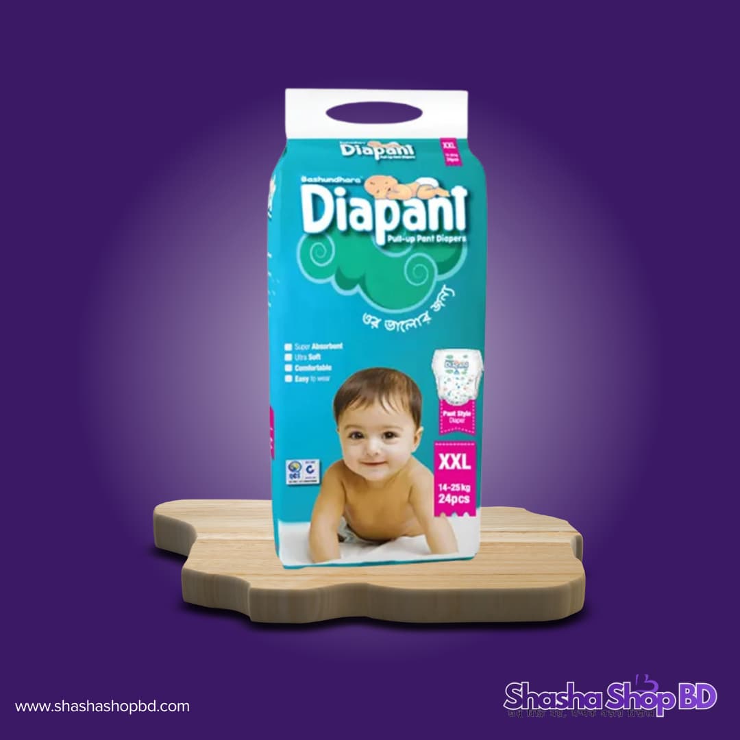 👶 Bashundhara Diapant Pant Style Baby Diaper (XXL) - 24 Pcs (Weight Range: 14-25Kg, Super Absorbent & Ultra Soft – আপনার সোনামণির প্রতিদিনের আরাম আর নিশ্চিন্ত সুরক্ষায় দেশসেরা পছন্দ!)