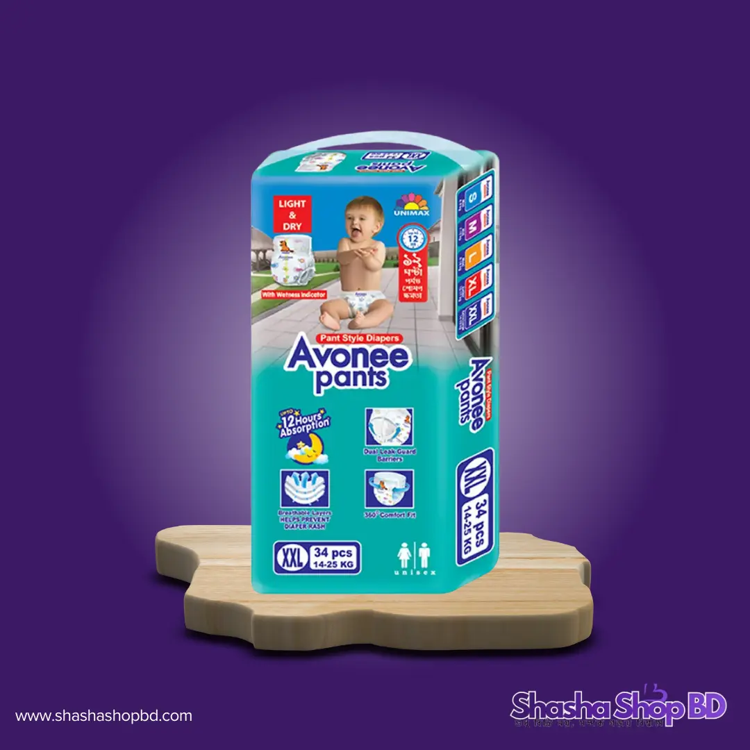 👶 Avonee Pant Style Baby Diaper (XXL) - 34 Pcs (Weight Range: 14-25Kg, 12 Hours Absorption & Wetness Indicator – আপনার সোনামণির জন্য ১২ ঘণ্টা পর্যন্ত নিশ্চিন্ত সুরক্ষা!)