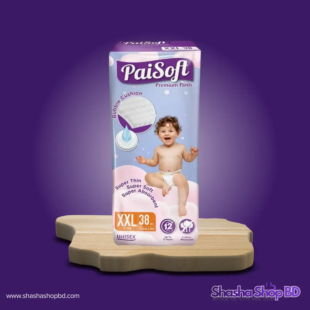👶 Paisoft Premium Pants Baby Diaper (XXL) - 38 Pcs (Weight Range: 15-25kg, Bubble Cushion Technology & 12 Hours Protection – আপনার সোনামণির আরামদায়ক দিন আর নিশ্চিন্ত ঘুমের গ্যারান্টি!)