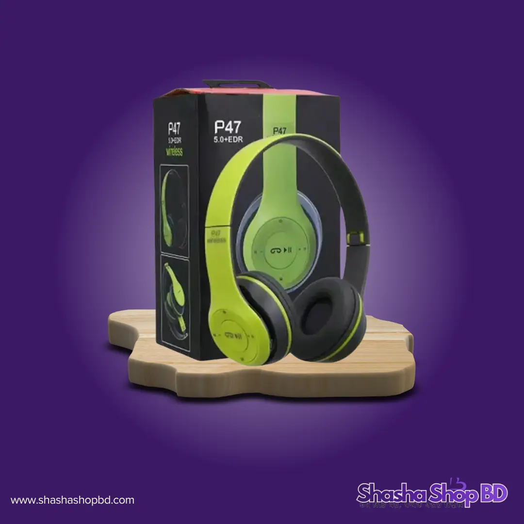 🎧 P47 Wireless Over-Ear Headphone (Green) (Bluetooth 5.0+EDR, FM Radio & Foldable Design – স্টাইলিশ লুক এবং অল-ইন-ওয়ান মিউজিক সলিউশন!)