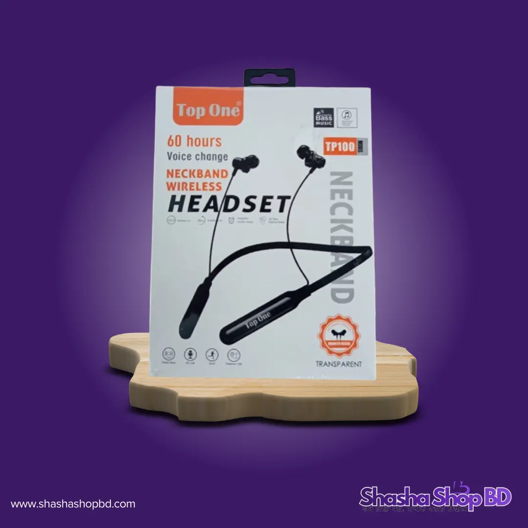 🎧 Top One Hanging Neckband Wireless Headset (TP100) (60 Hours Long Battery, Voice Change Feature & Transparent Design – অসাধারণ ব্যাটারি ব্যাকআপ ও শক্তিশালী সাউন্ডের নিশ্চয়তা!)