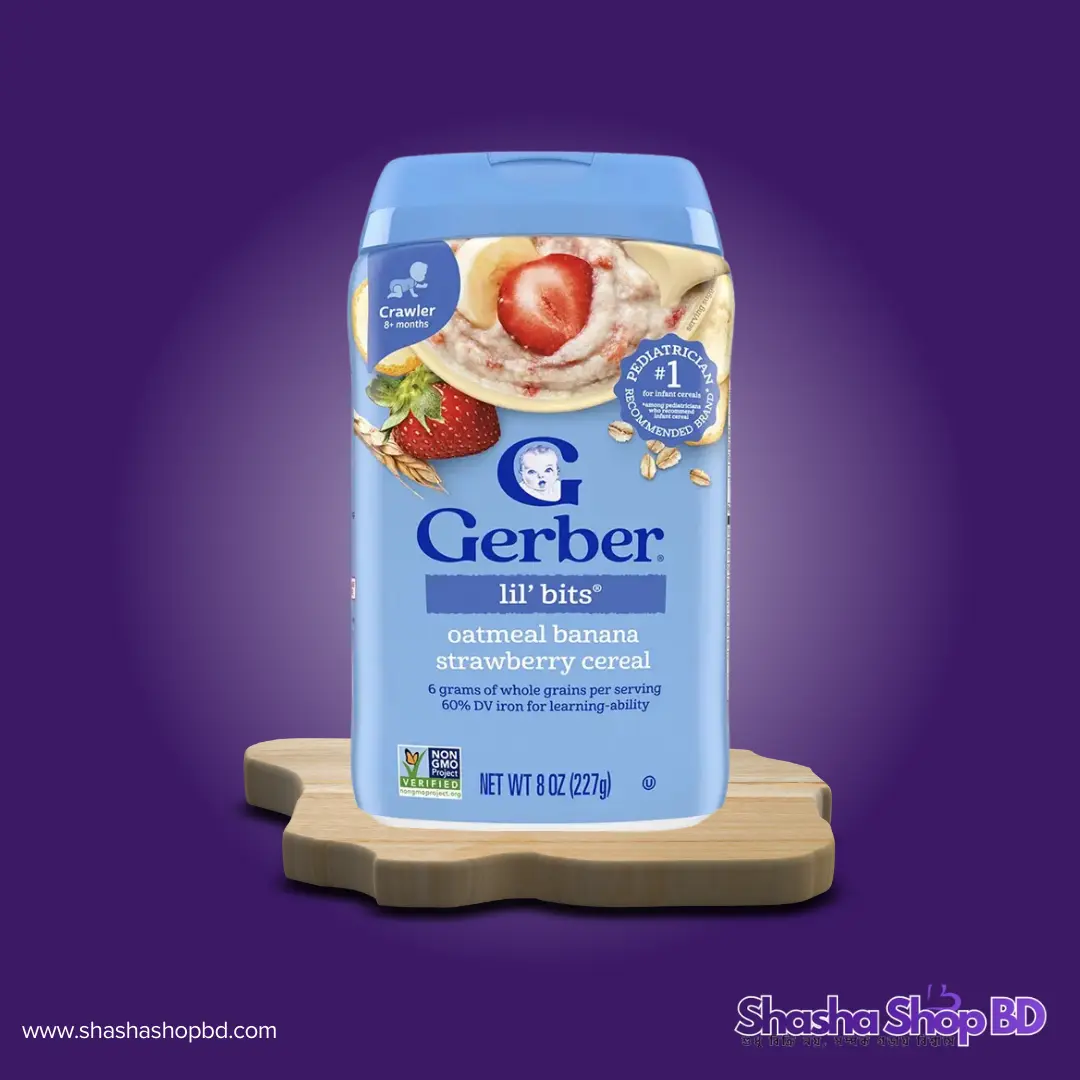 🥣 Gerber Oatmeal Lil' Bits Banana Strawberry Cereal - 227g (Crawler 8+ Months, Supports Learning Ability & Non-GMO Project Verified – সোনামণির চিবিয়ে খাওয়ার অভ্যাস গড়তে মজাদার পুষ্টি!)