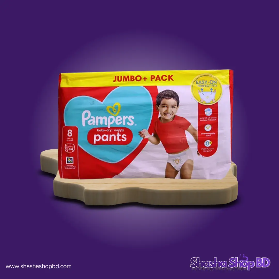 👶 Pampers 8 Pants Baby-Dry Nappy Jumbo+ Pack - 44 Pcs (Weight Range: 19+ kg, 12H Leakage Protection & Easy-On Perfect Fit – বড় সোনামণিদের জন্য সারারাত নিশ্চিন্ত ও আরামদায়ক সুরক্ষা!)