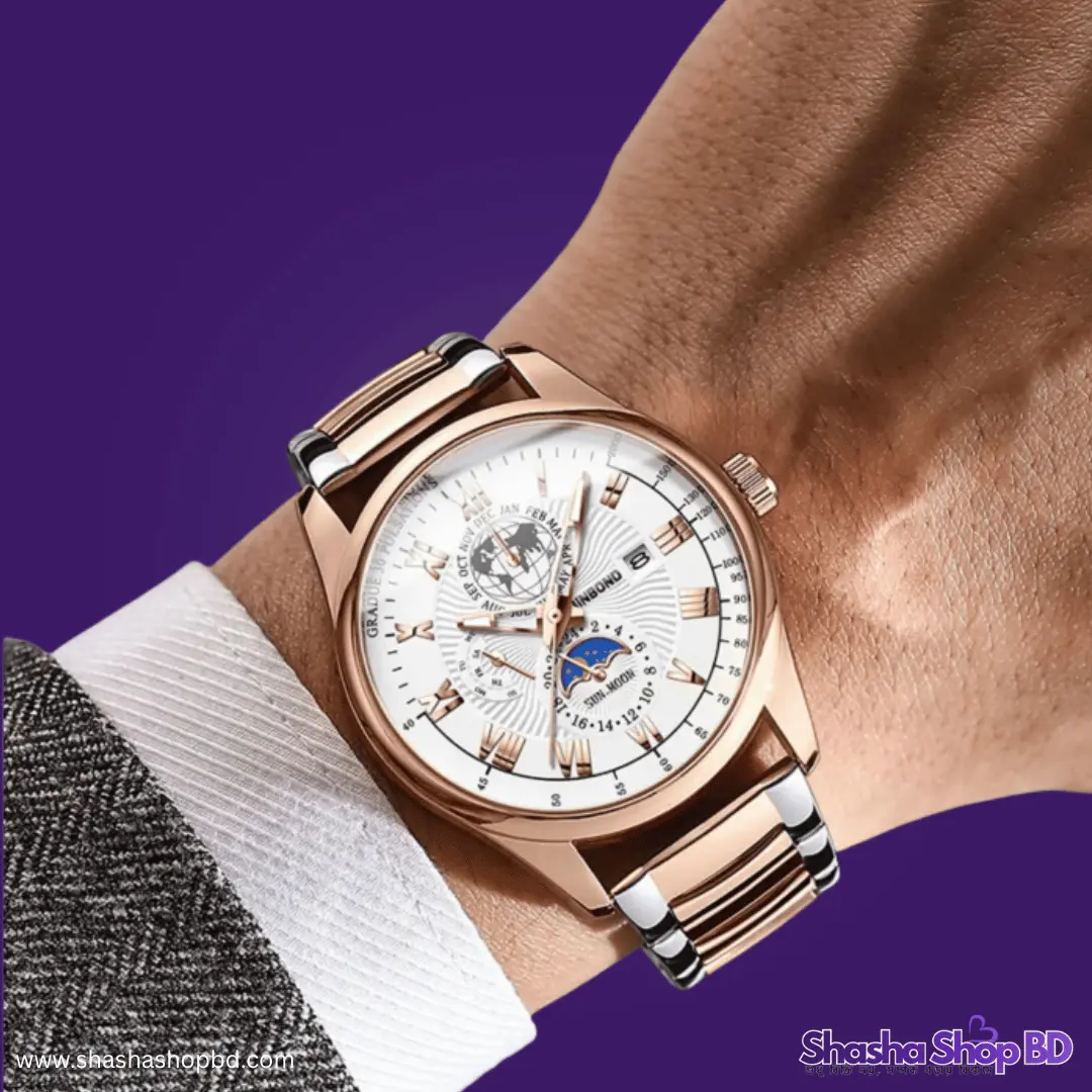 BINBOND B3982 New Style Silver Men Quartz Watch - ১০০% অরিজিনাল স্টেইনলেস স্টিল চেইন ঘড়ি