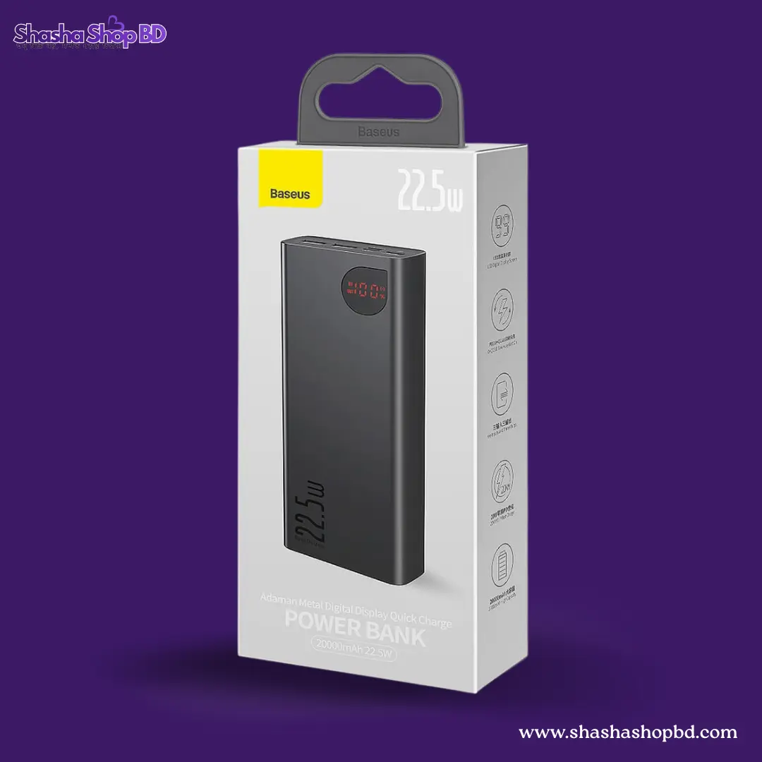 Baseus Adaman 20000mAh 22.5W Metal Digital Display Fast Charging Power Bank | Shasha Shop BD