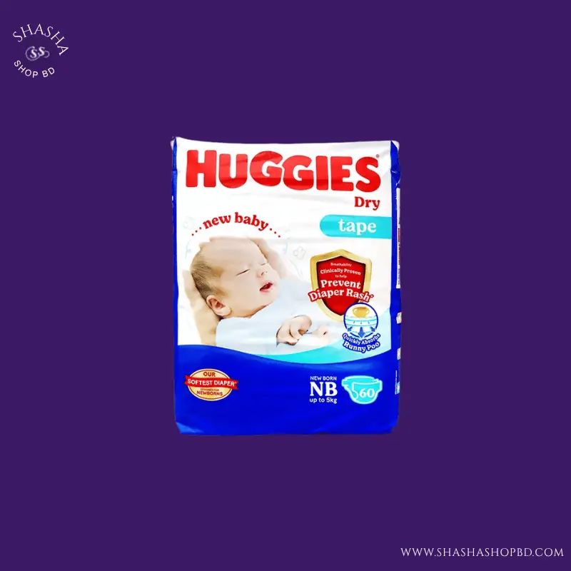 Huggies Dry Tape Baby Diaper New Born (60 Pcs, 0-5kg) | Shasha Shop BD